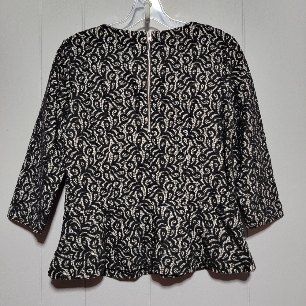 J. Crew Black White Floral Lace Peplum Top 3/4 Sleeve Exposed Zipper 07962 Small - Picture 3 of 5
